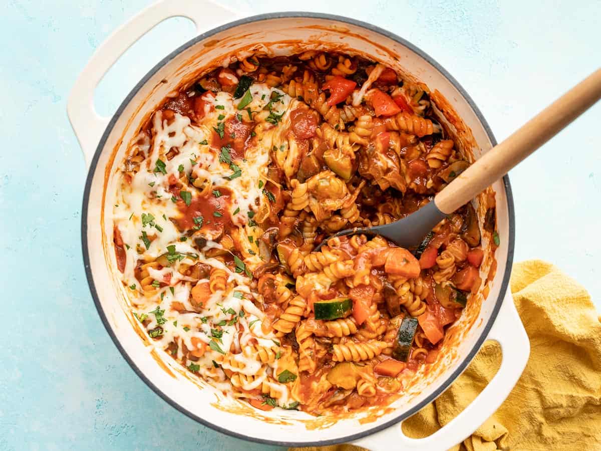 One Pot Veggie Pasta in the pot half scooped