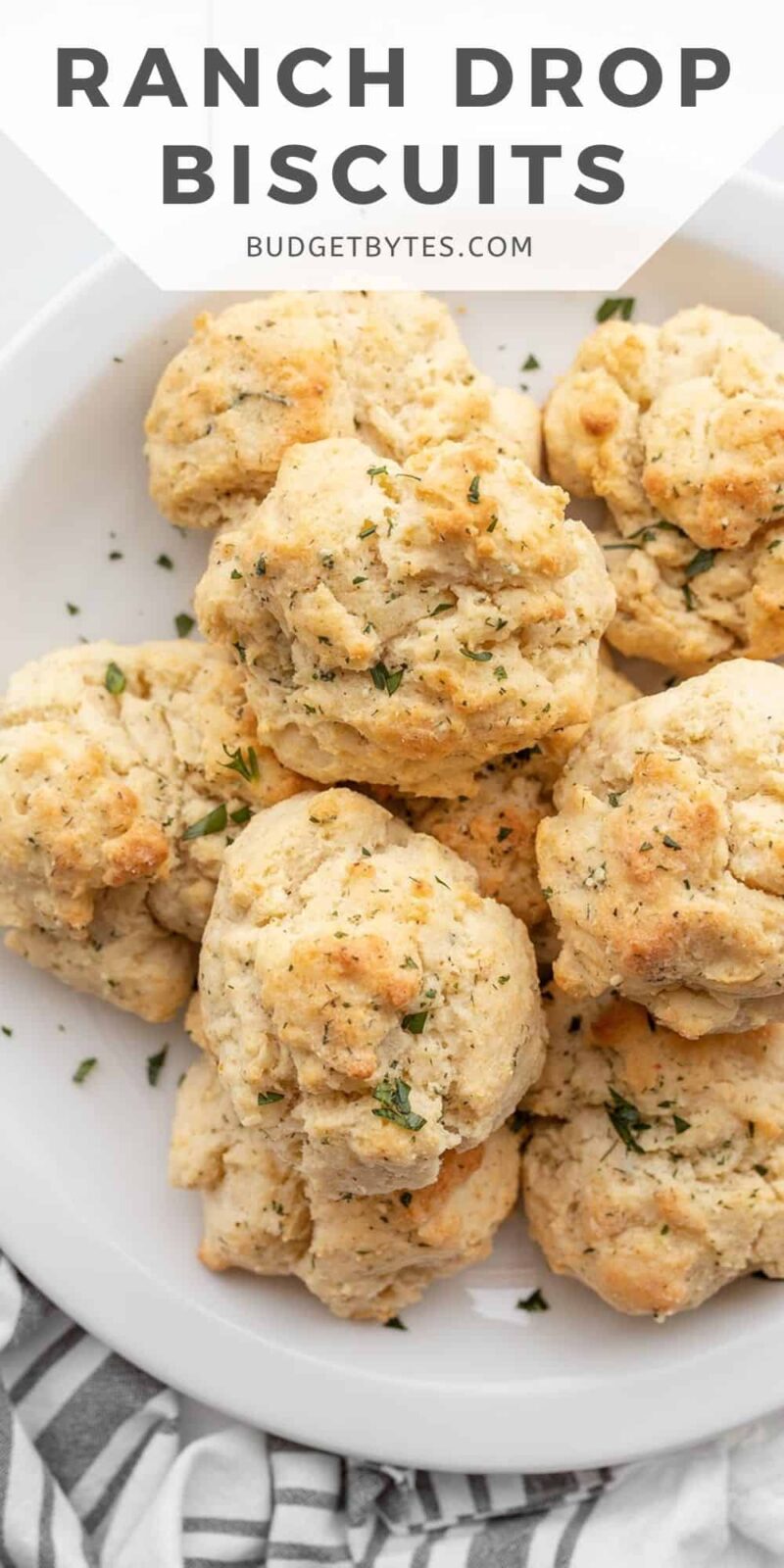 Overhead view of ranch drop biscuits on a plate, title text at the top