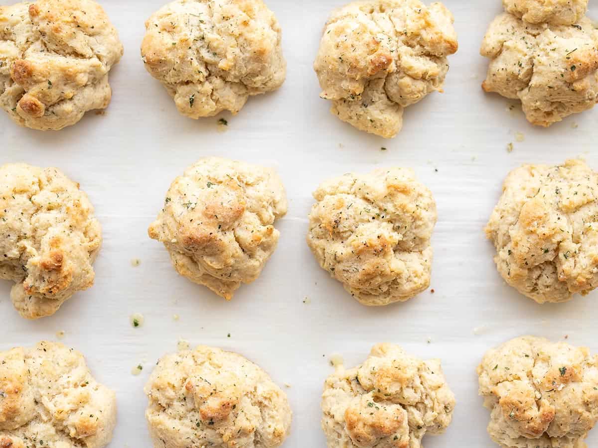 Baked ranch drop biscuits on a baking sheet