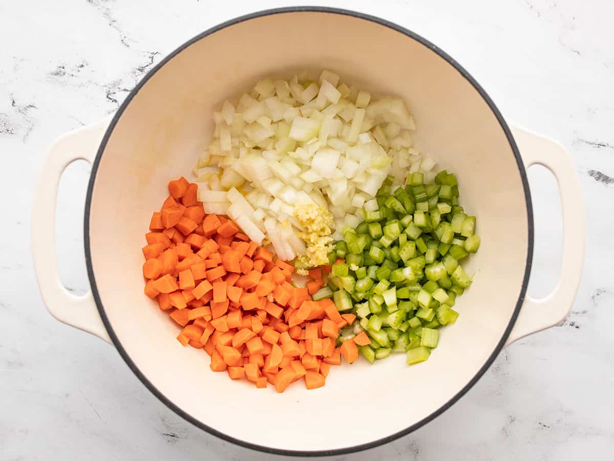 chopped vegetables in the soup pot