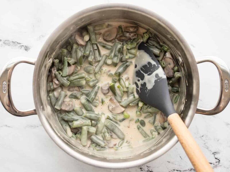 cooked green beans stirred into the mushroom sauce