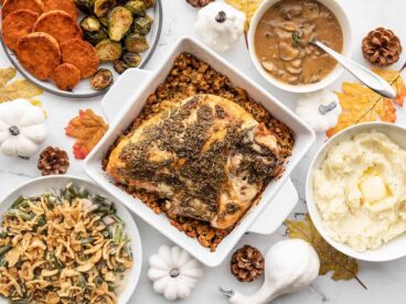 Thanksgiving dinner for two all the dishes spread out in display