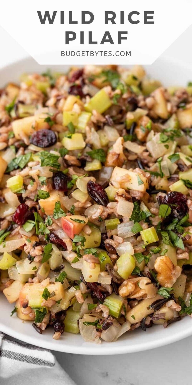 side view of a bowl of wild rice pilaf with title text at the top