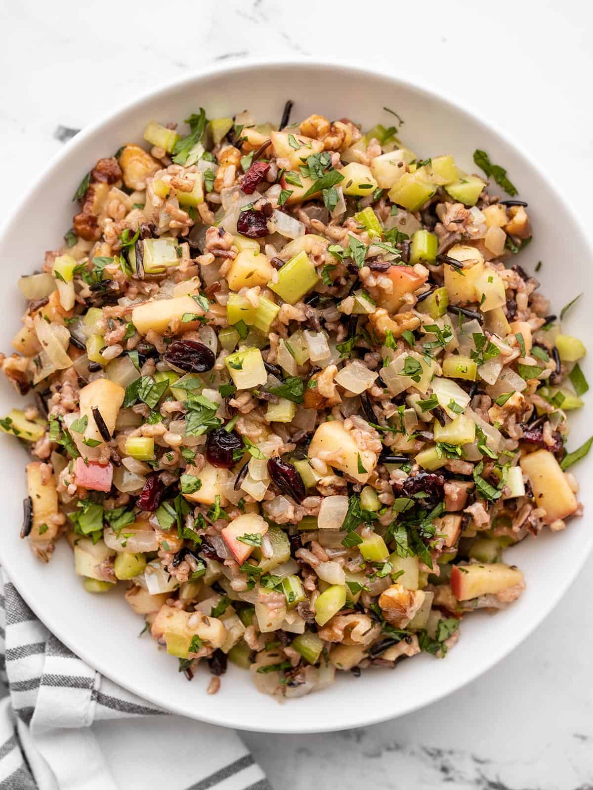 Overhead view of wild rice pilaf in a bowl