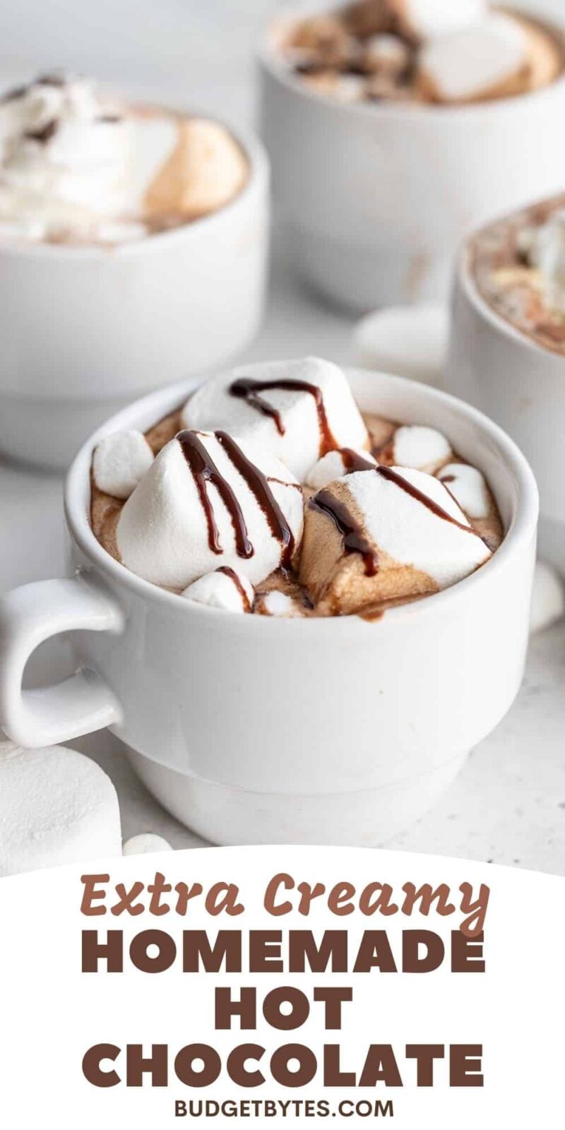 side view of four mugs of hot chocolate, title text at the bottom