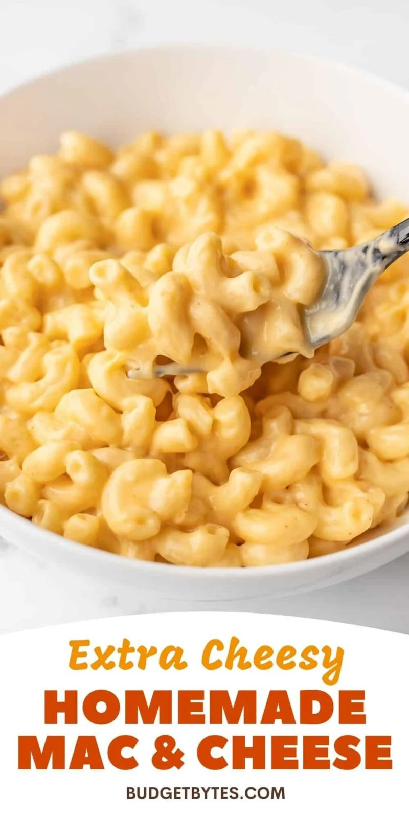 Side view of a bowl of mac and cheese, title text at the bottom