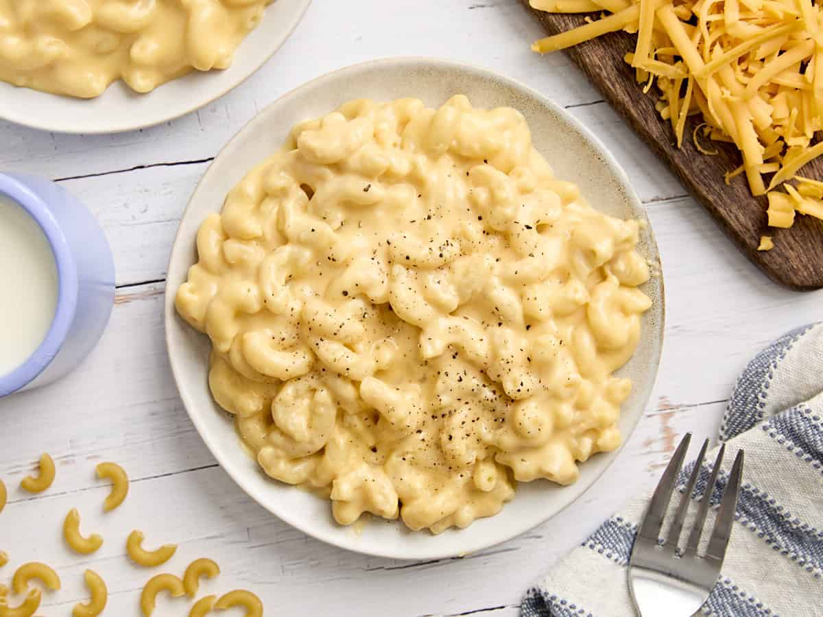 Overhead view of a plate of mac and cheese.