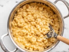 Overhead view of homemade mac and cheese in the pot