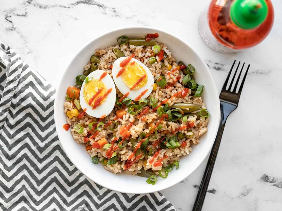 Overhead view of a rice and veggie bowl