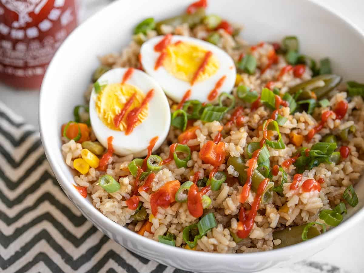 Close up side view of one pot veggie rice bowl