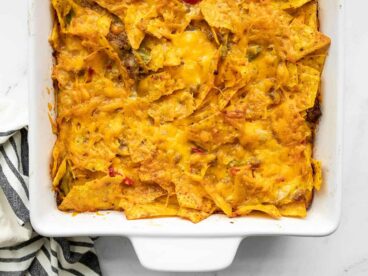 close up overhead view of breakfast casserole