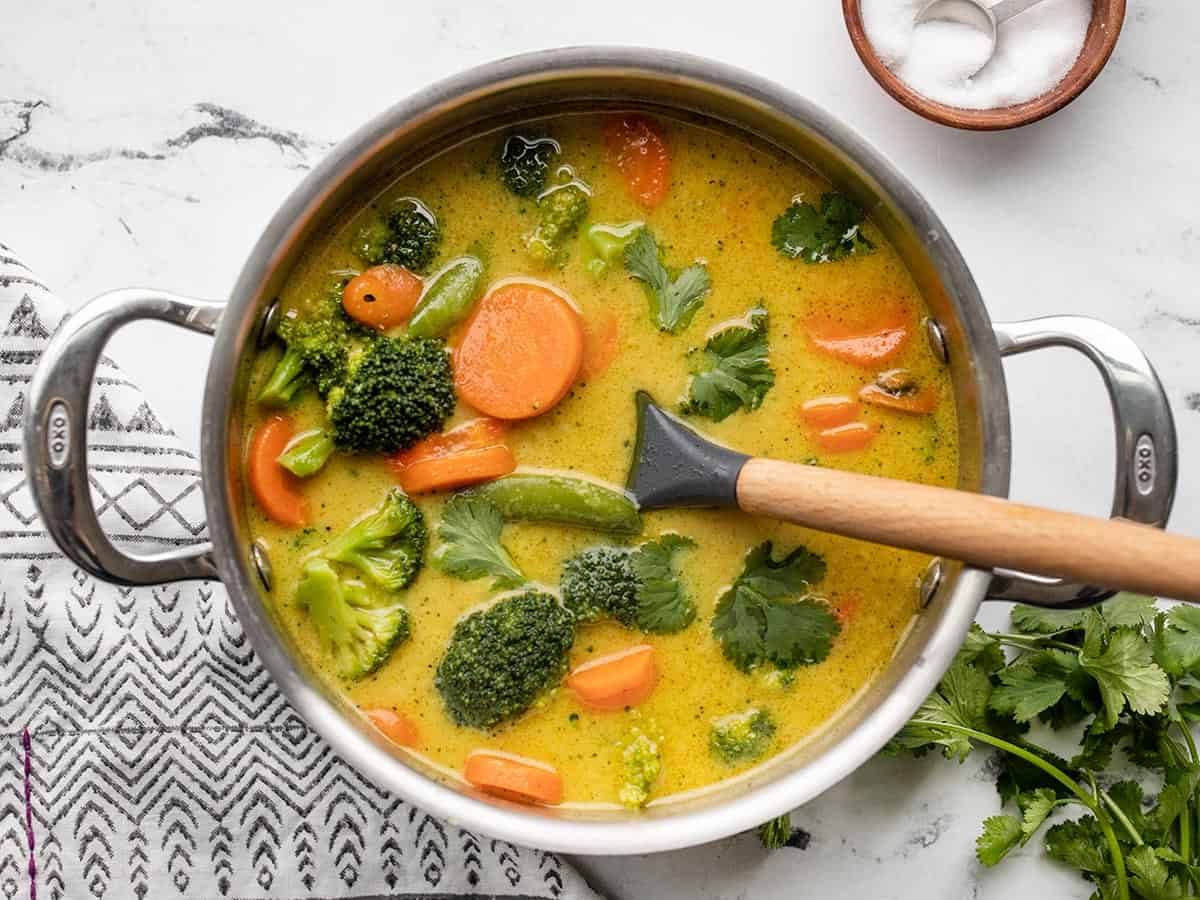 Overhead view of a pot full of 15-Minute Vegetable Curry