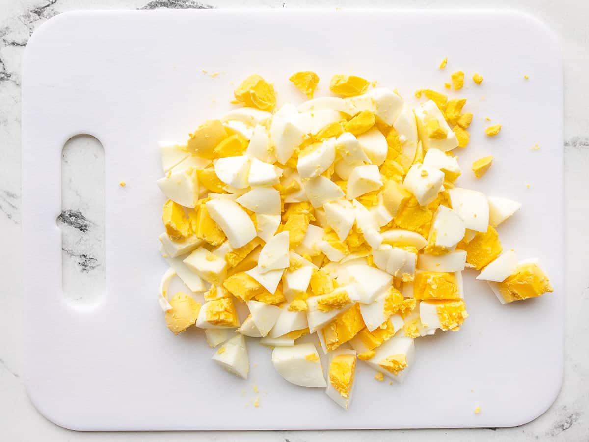 Chopped eggs on a cutting board