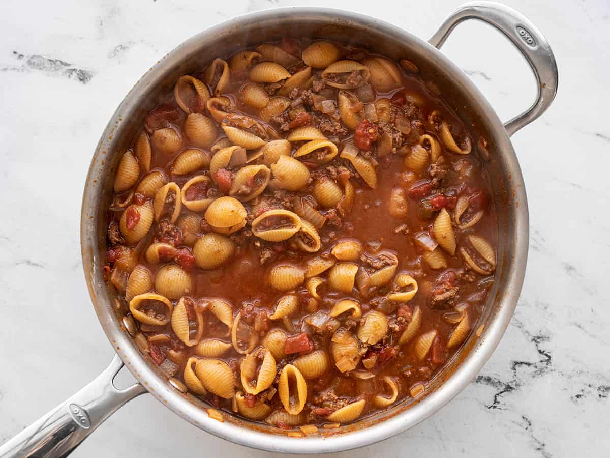 Cooked pasta in the skillet