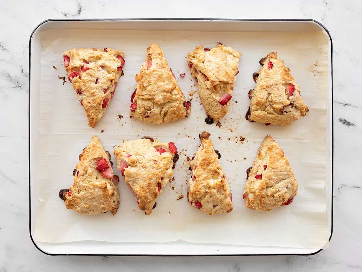 Baked strawberry scones on the baking sheet