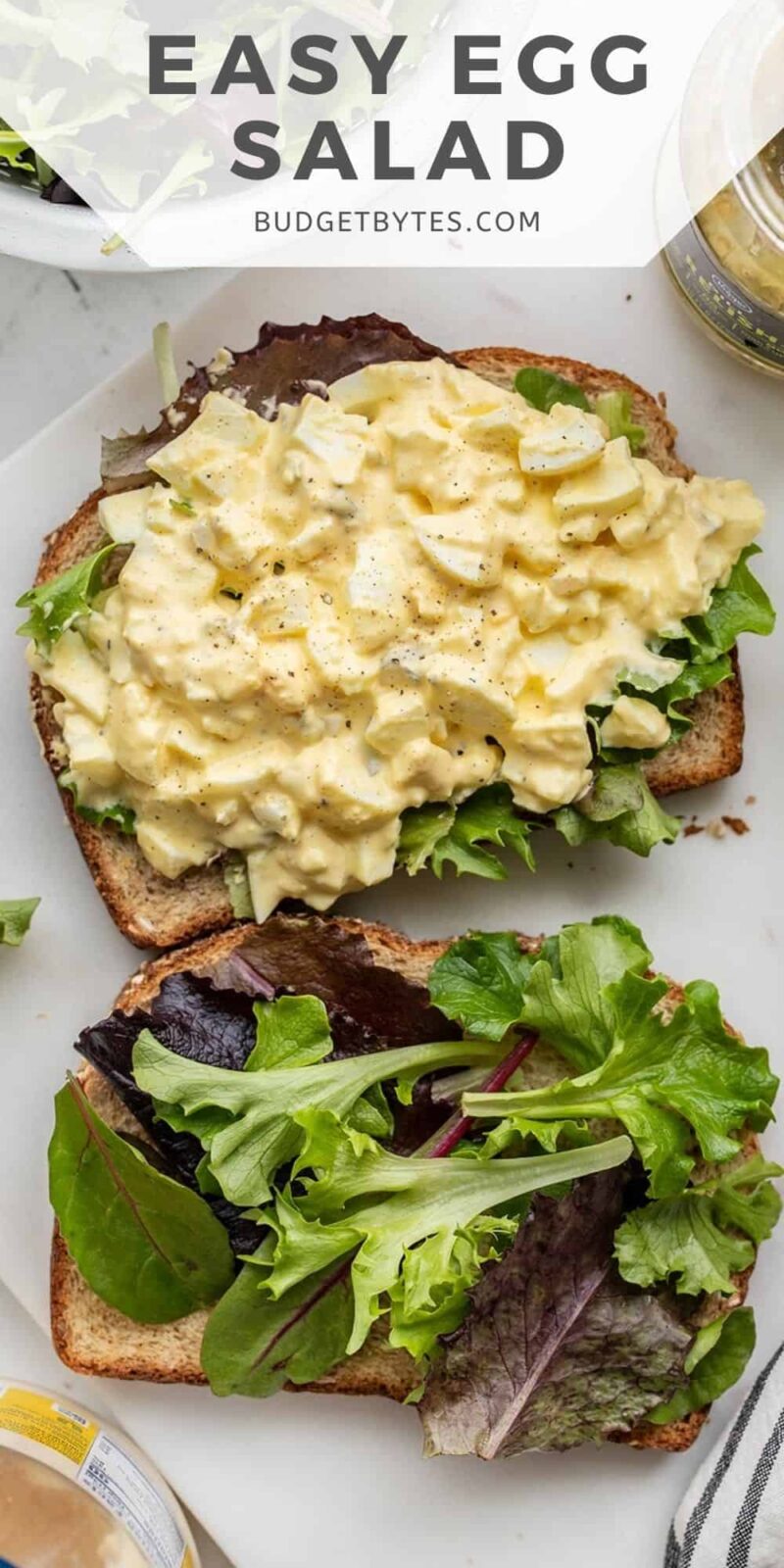 An open egg salad sandwich, title text at the top