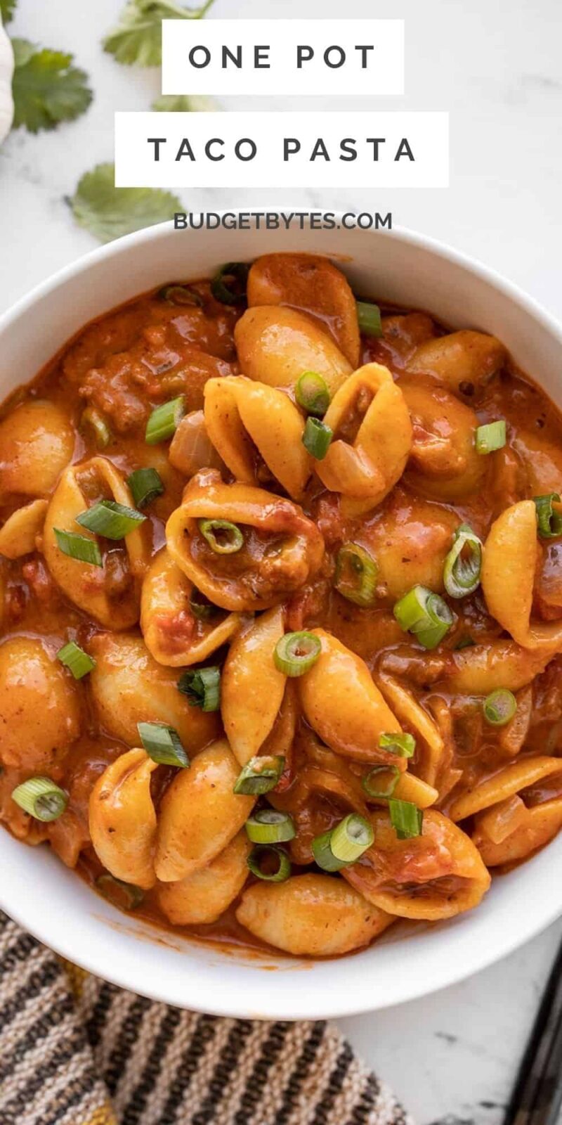 close up of a bowl of taco pasta with title text at the top.