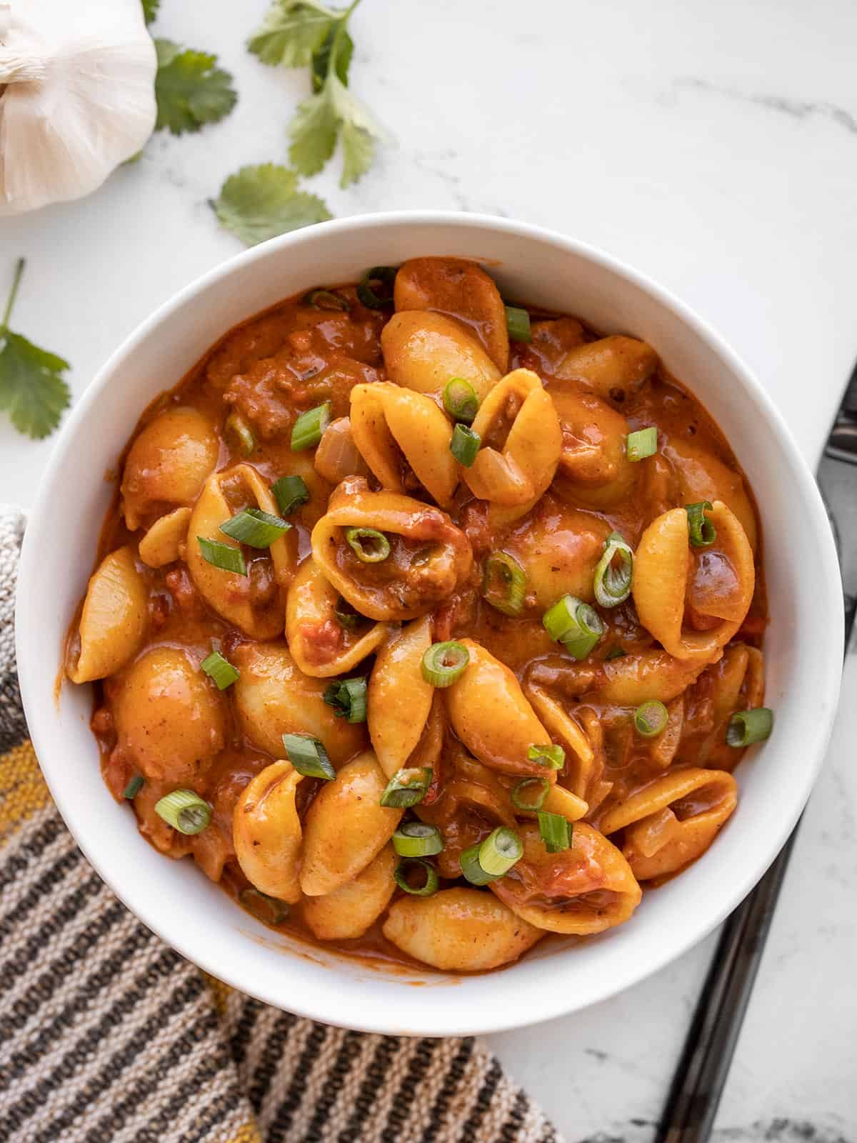 beef taco pasta in a bowl from above