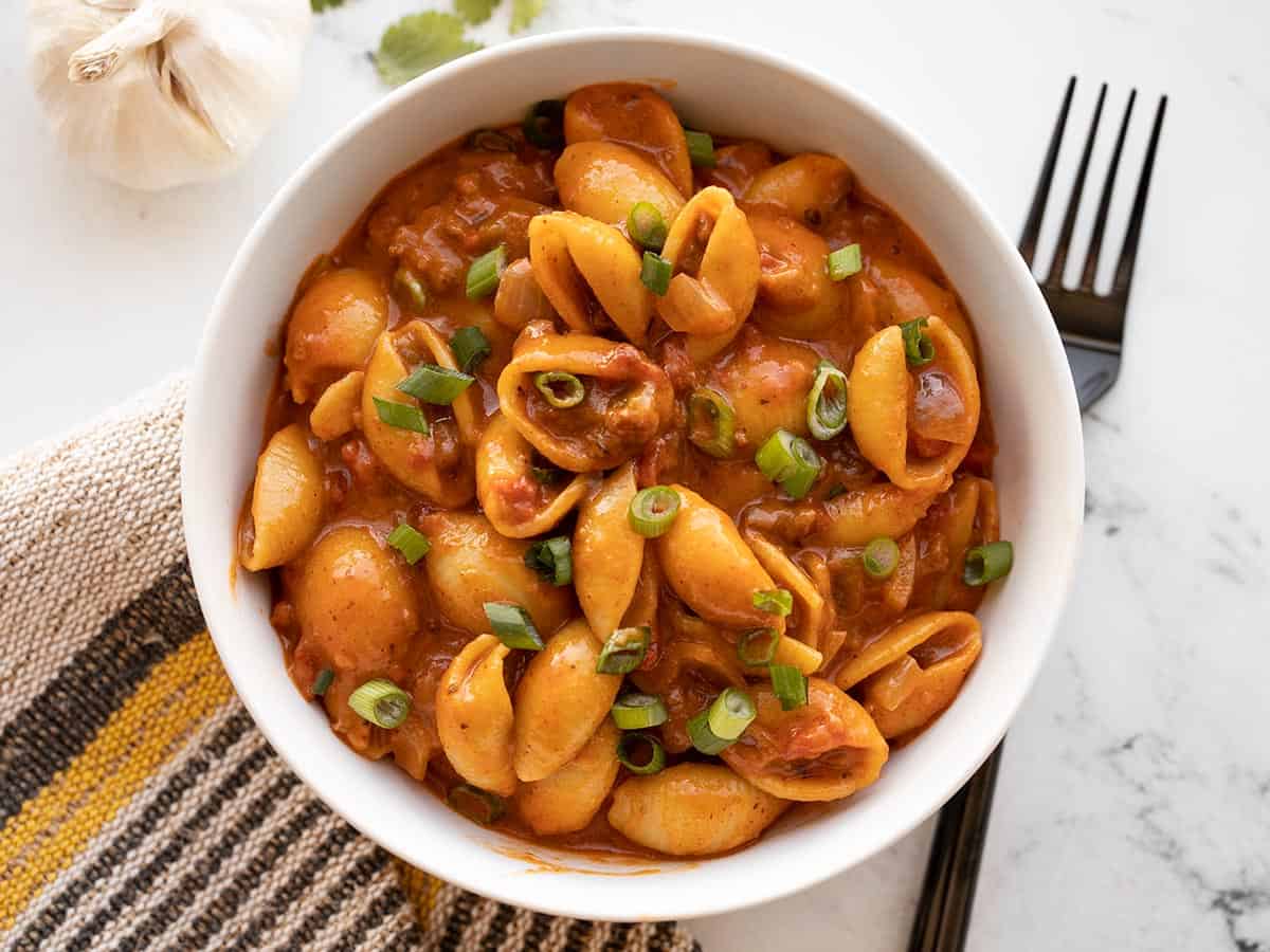 Overhead view of a bowl of taco pasta