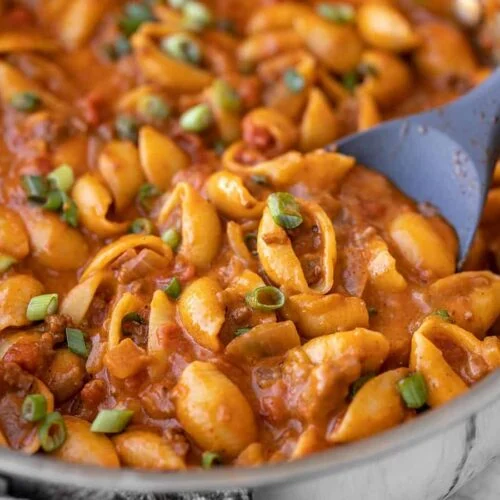 Close up of beef taco pasta in the skillet