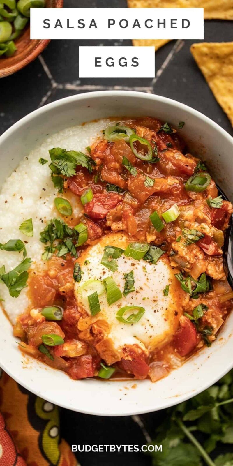 overhead view of a bowl of salsa poached eggs served over grits.