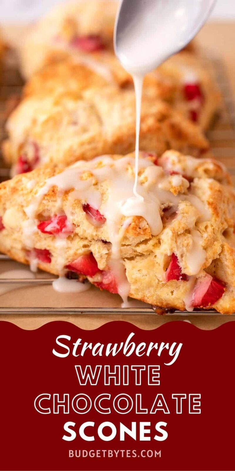 glaze being drizzled onto strawberry scones