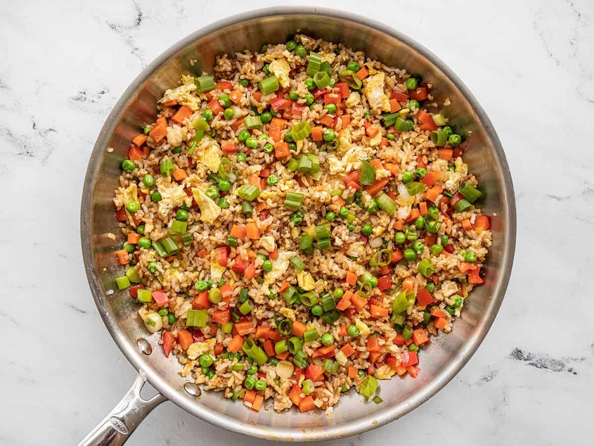 Finished vegetable fried rice in the skillet.