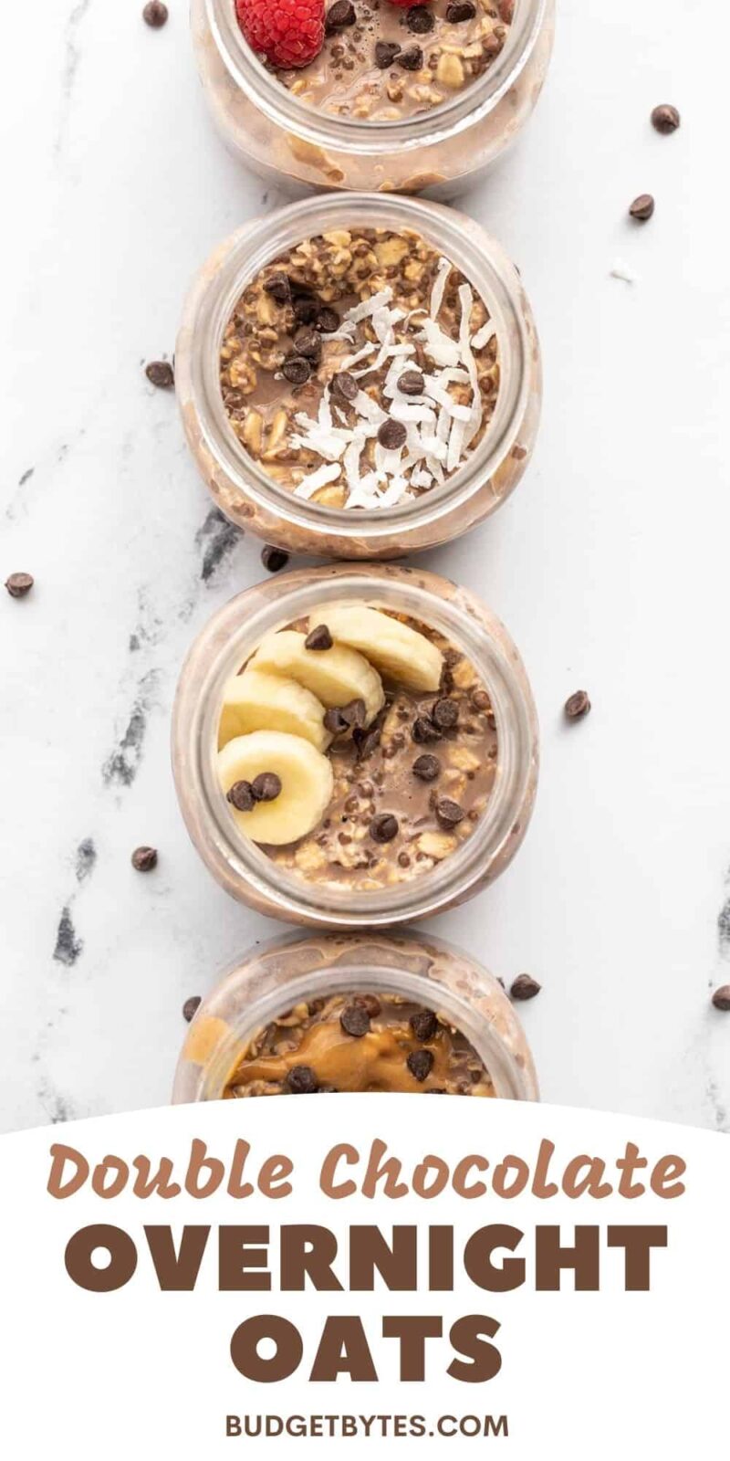 Four jars of overnight oats lined up, each with different toppings