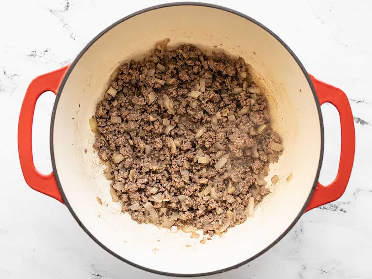 Browned ground beef in the soup pot.