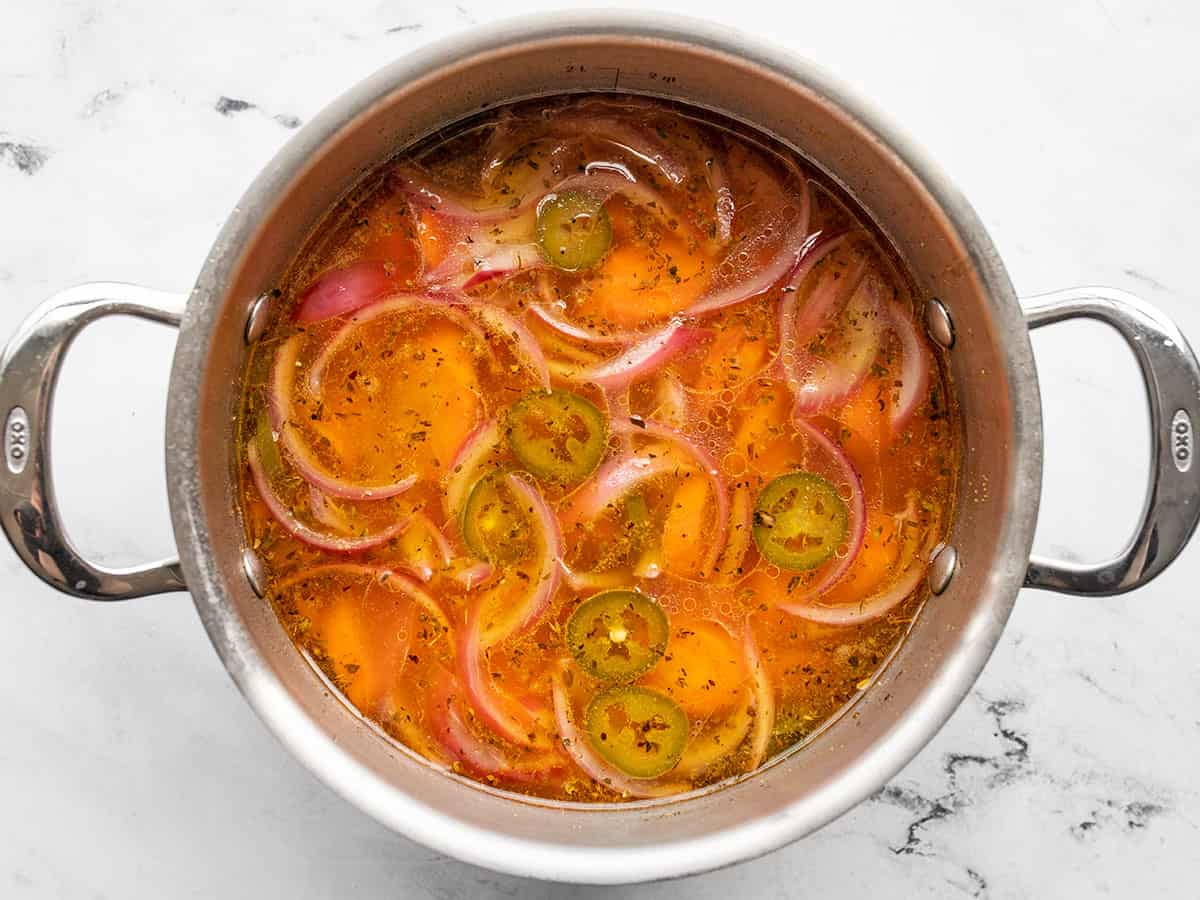 Vegetables added to the brine.