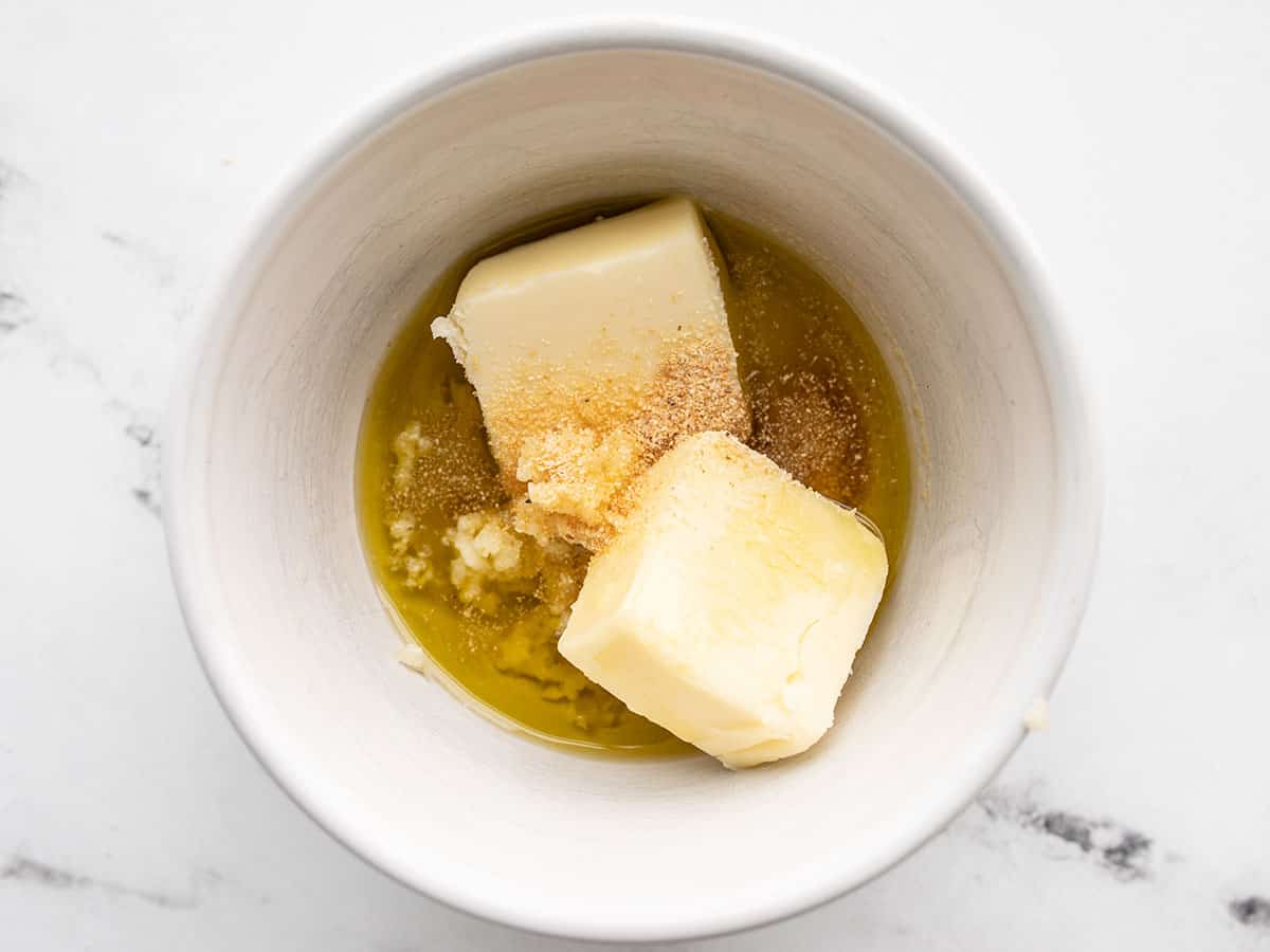 Garlic butter ingredients in a bowl.