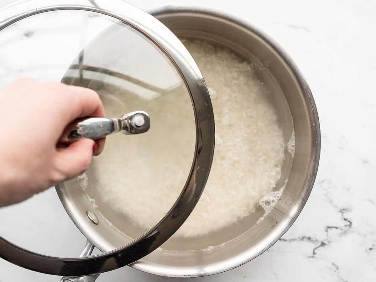 Lid being placed on the pot.