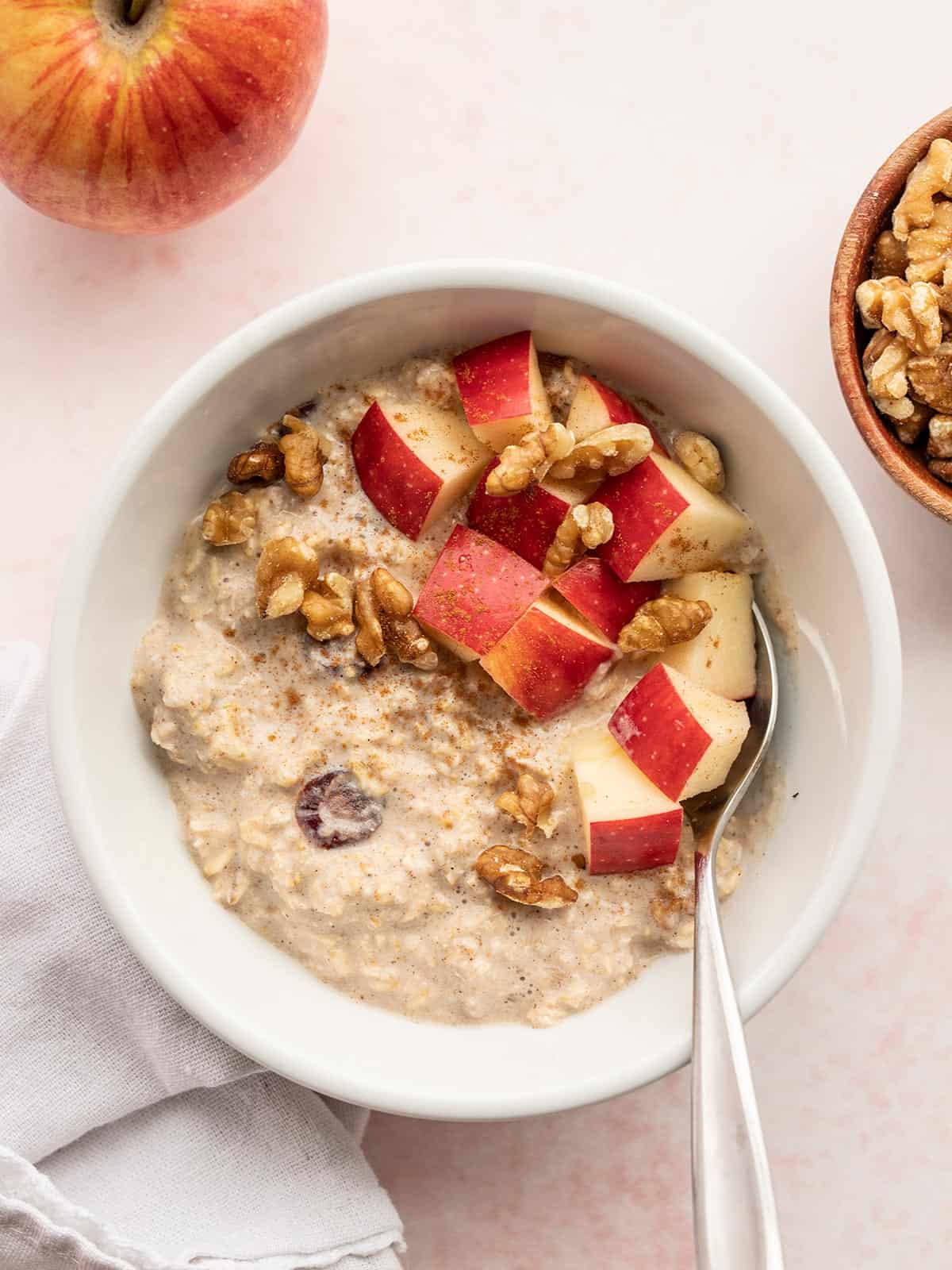 Overhead view of a bowl of apple pie overnight oats.