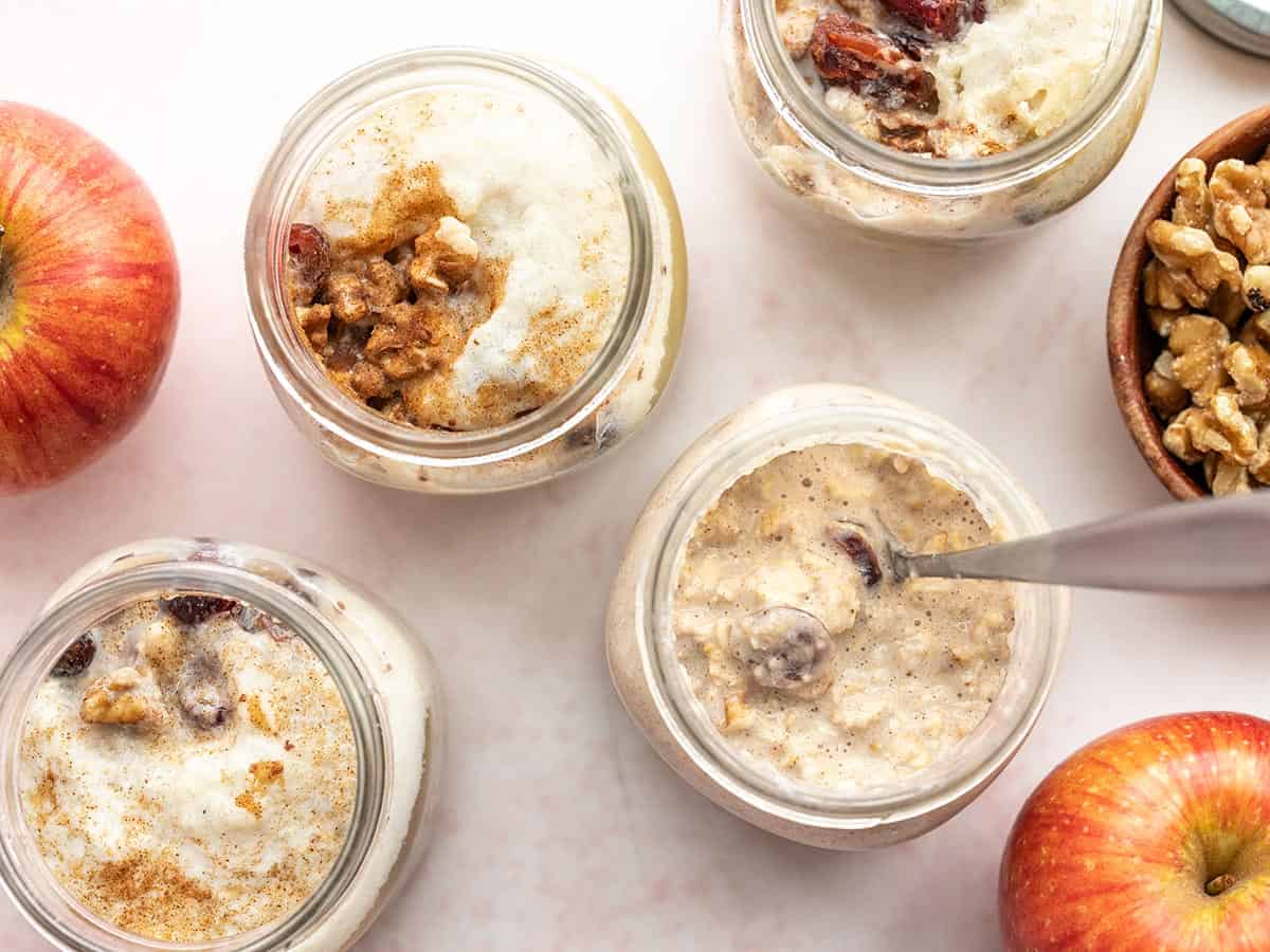 Four jars of apple pie overnight oats from above.