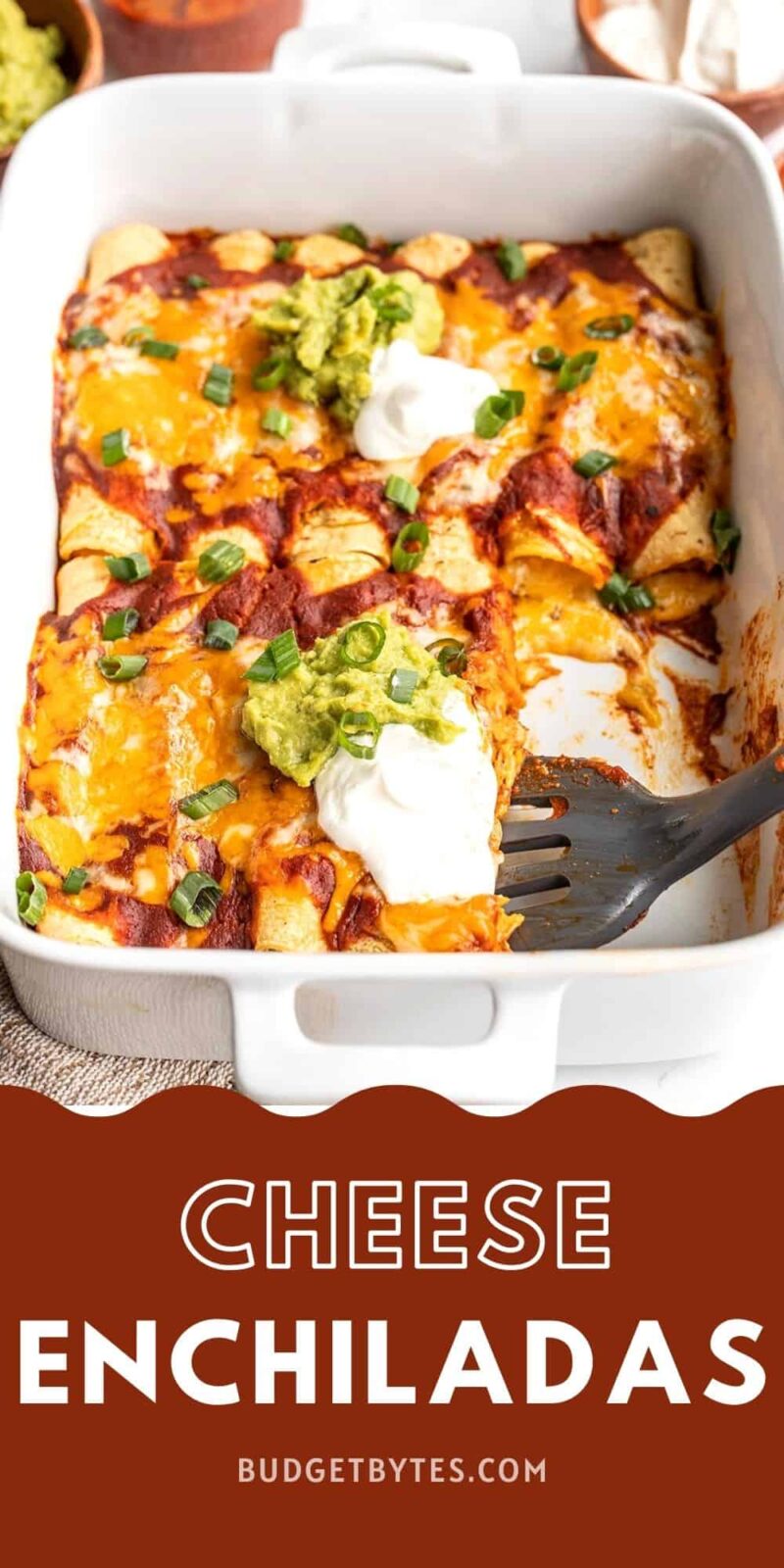 Side view of cheese enchiladas being scooped out of the casserole dish.