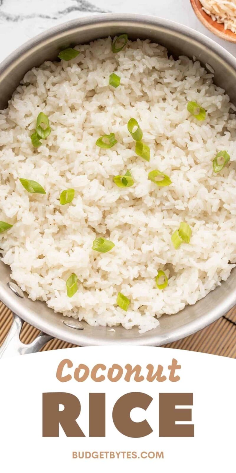 Overhead view of a pot full of coconut rice, title text at the bottom.