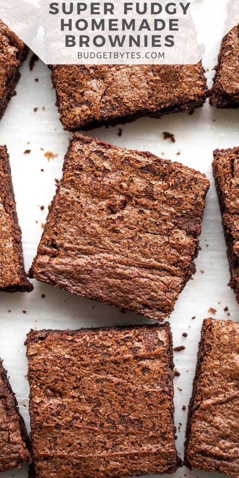 Overhead view of cut brownies with title text at the top.