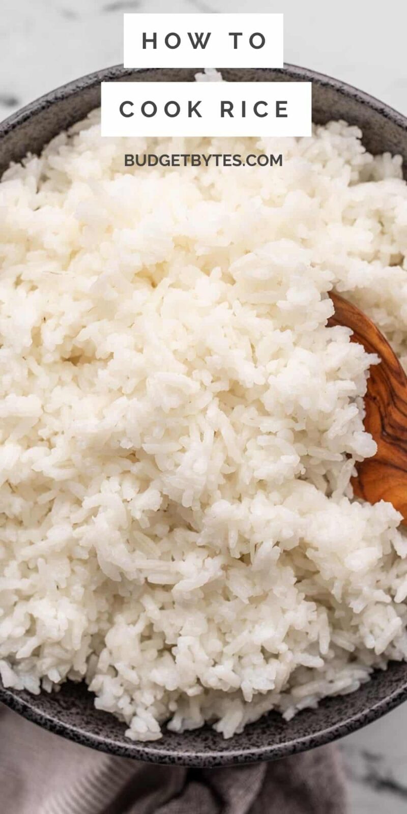 Close up overhead view of a bowl full of rice, title text at the top.