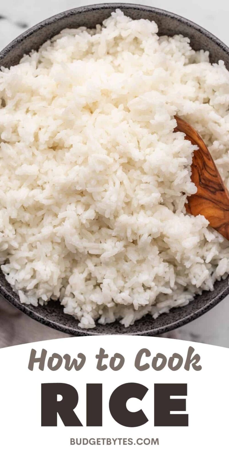 Overhead view of cooked rice in a bowl, title text at the bottom.