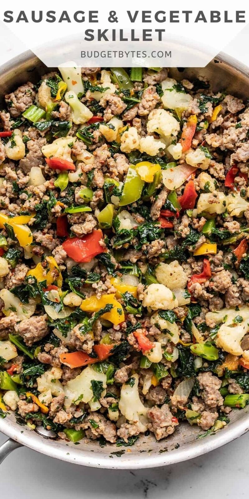 close up of sausage and vegetable skillet with title text at the top.