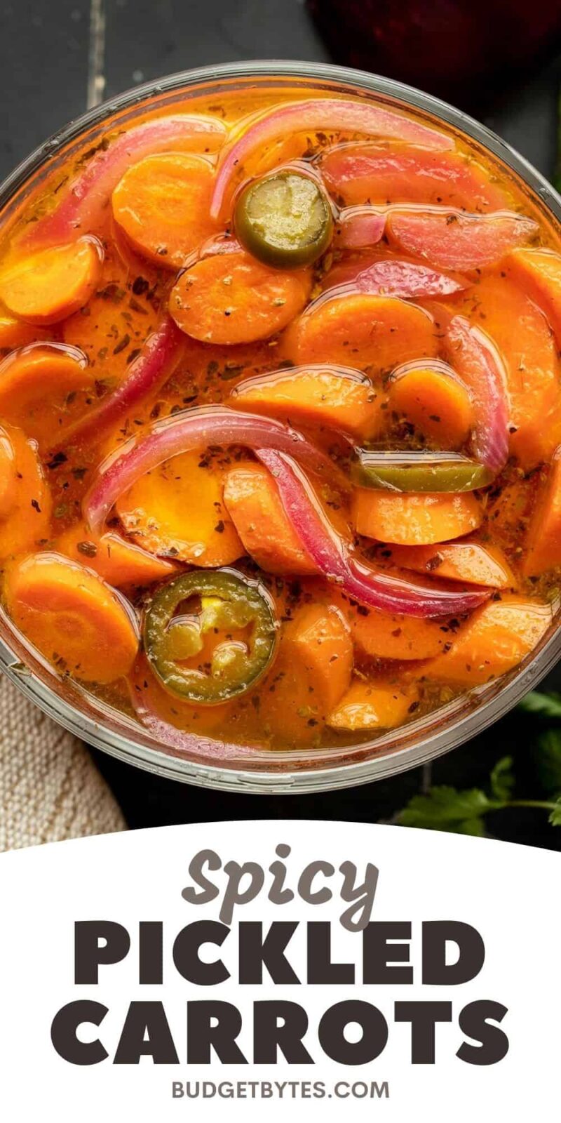 Close up overhead view of a bowl of spicy pickled carrots, title text at the bottom.