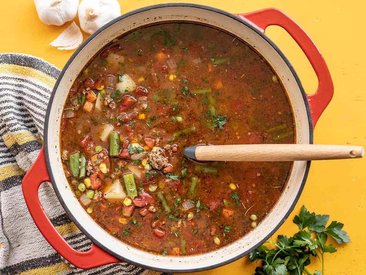 Overhead view of the pot of vegetable beef soup.