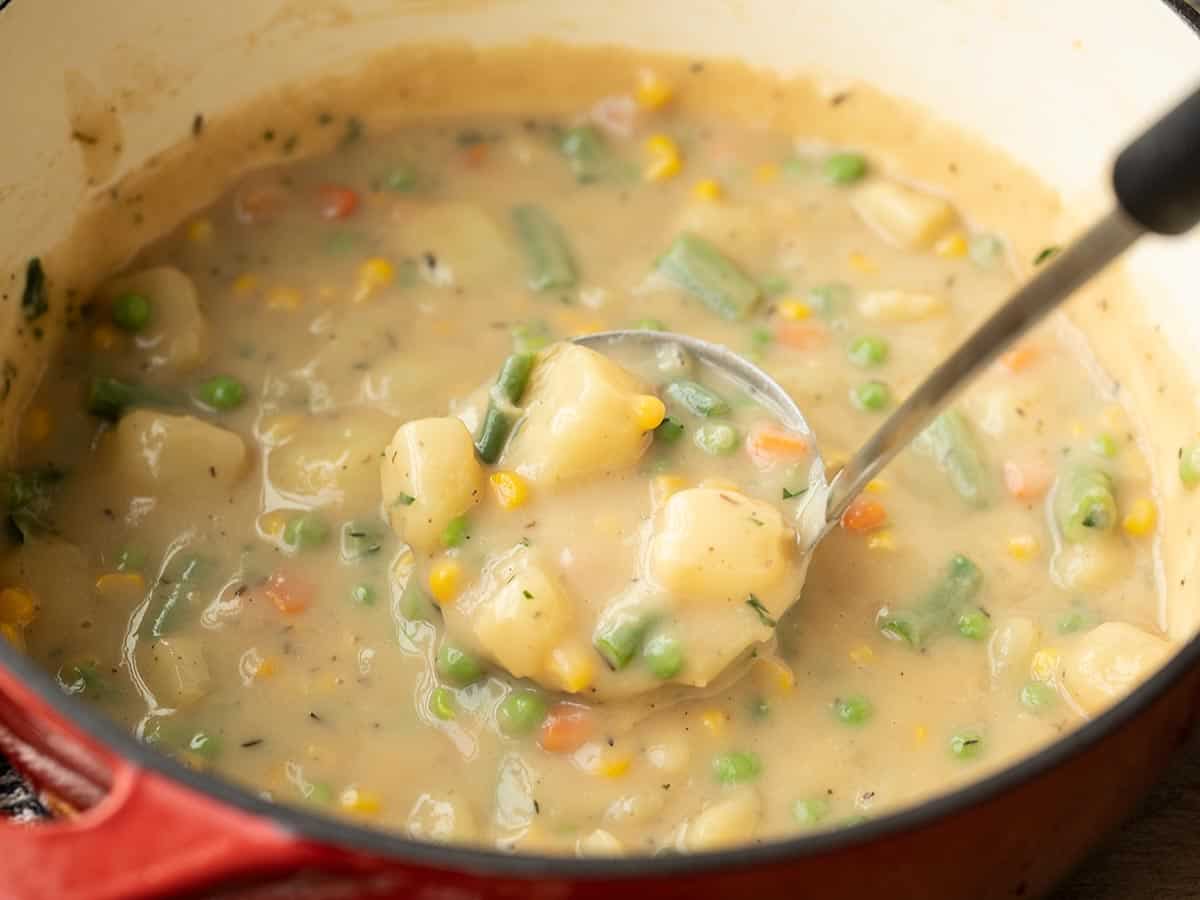 A ladle full of vegetables and gravy being lifted from the pot.