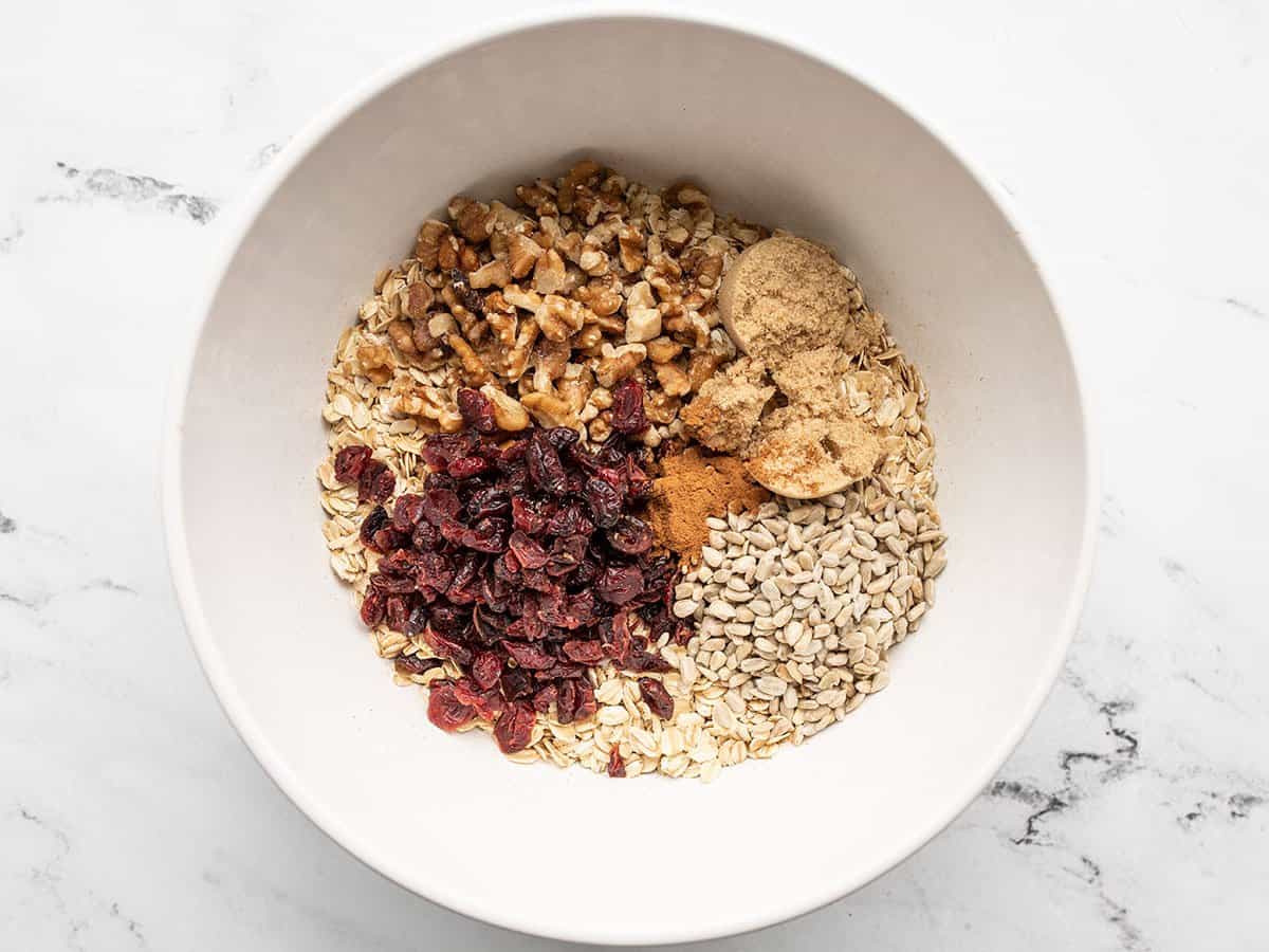 Muesli ingredients in a bowl, not stirred.