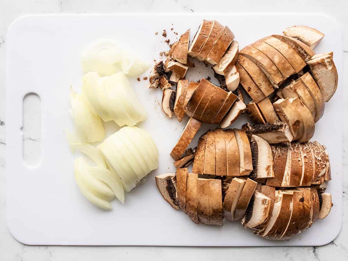 Sliced mushrooms and onion.