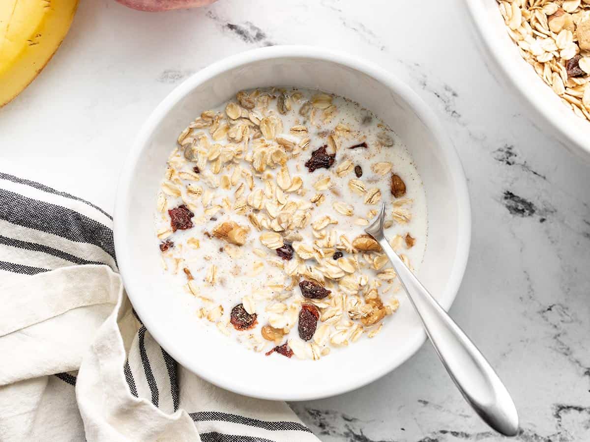 A bowl of muesli ready to enjoy with milk.