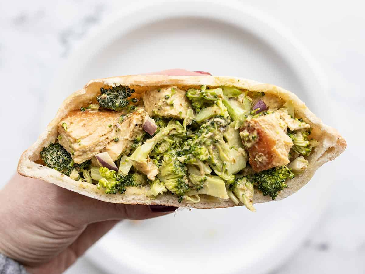 Pesto Chicken and Broccoli Salad in a pita.