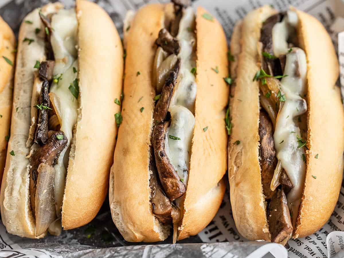 Side view of vegetarian French dip sandwiches.