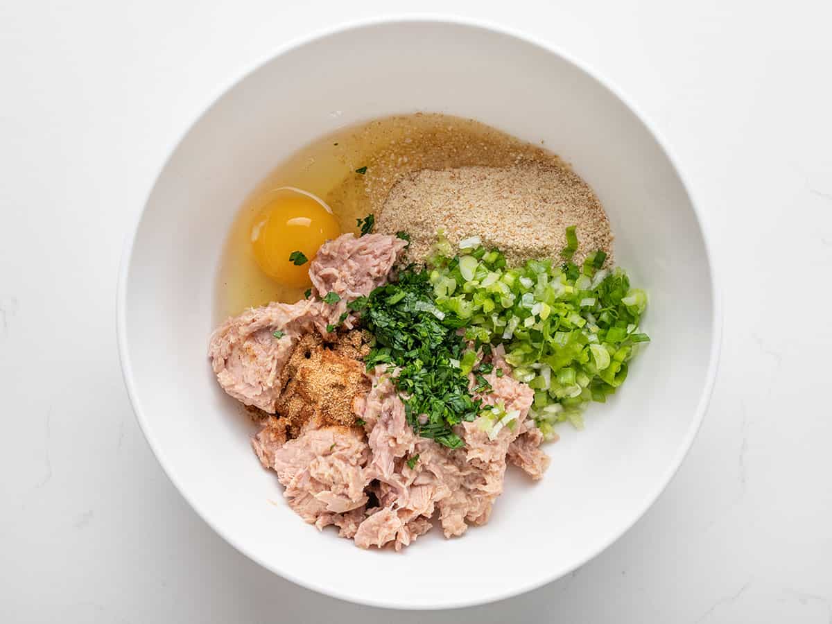 Tuna patty ingredients in a bowl.