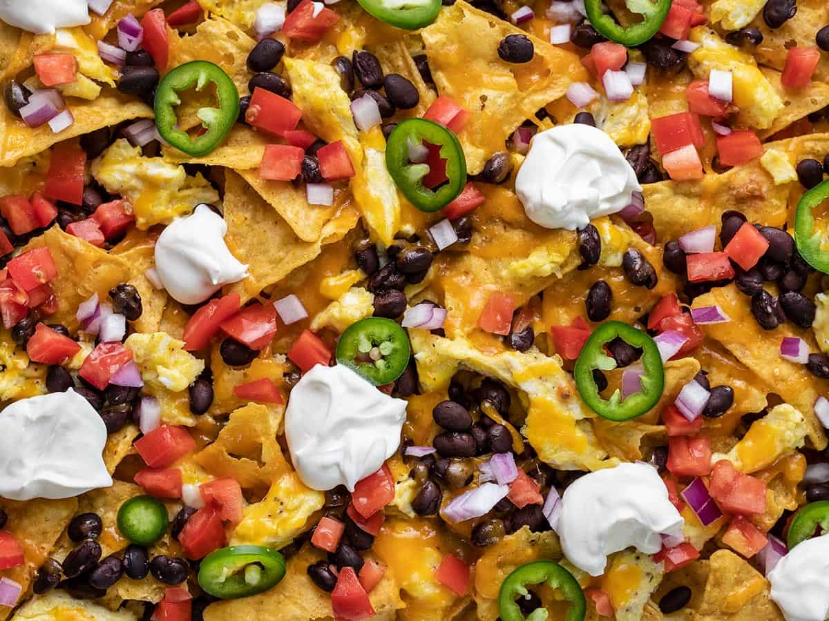 Close up overhead shot of breakfast nachos.